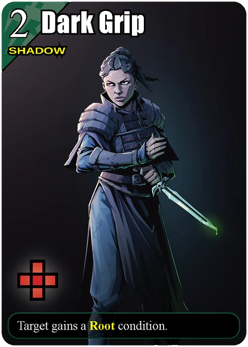 Nyxa&rsquo;s Dark Grip card, cooldown 2, Shadow: Target gains a Root condition.