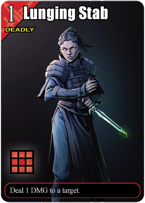 Nyxa&rsquo;s Lunging Stab card, cooldown 1, Deadly: Deal 1 DMG to a target.