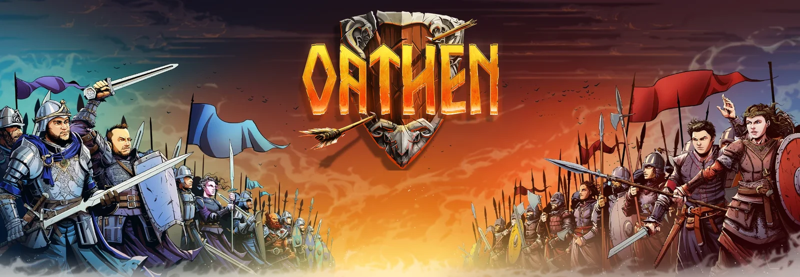 Oathen: two armies clash beneath a storm-and-fire sky, the Oathen crest blazing between them