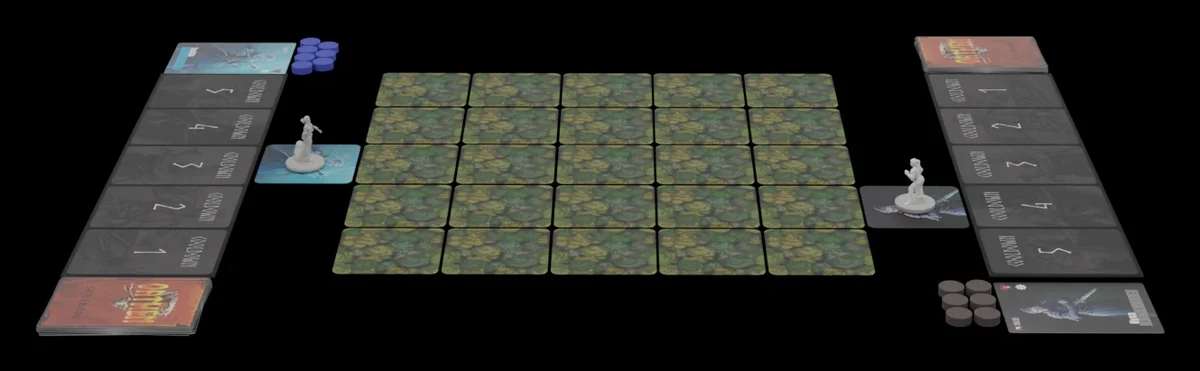 An Oathen duel set up: the 5 by 5 arena of hidden tiles, a hero miniature at each starting gate, and each player's cooldown track from 5 down to 1
