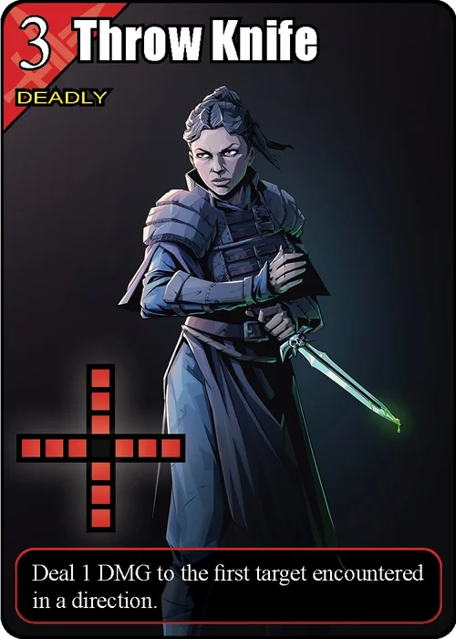 Nyxa's Throw Knife card: cooldown 3, deal 1 damage to the first target encountered in a direction, with its targeting grid